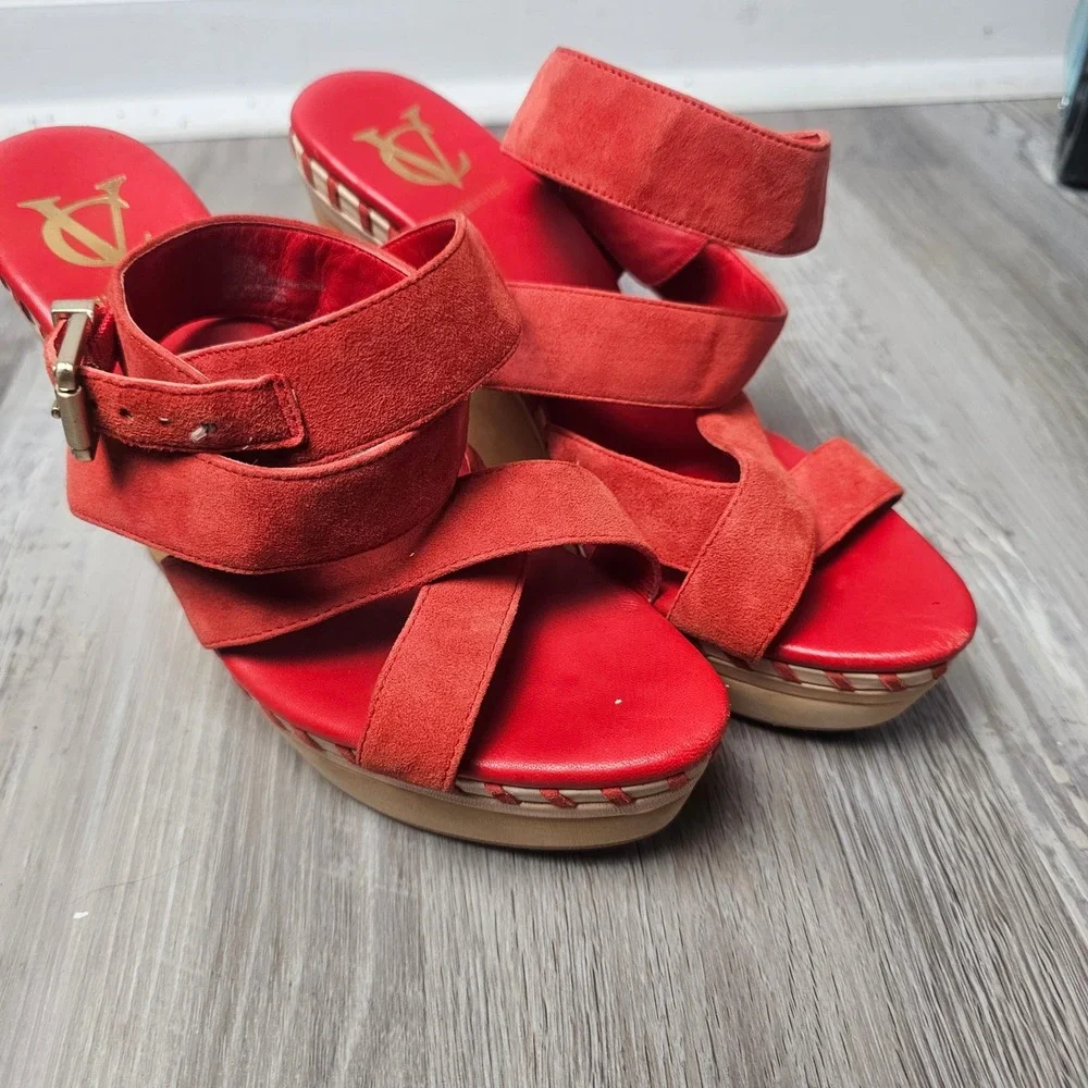 VC Signature Lene Wedge Sandals Women 8.5 Red Suede Wood Platform 70s Boho